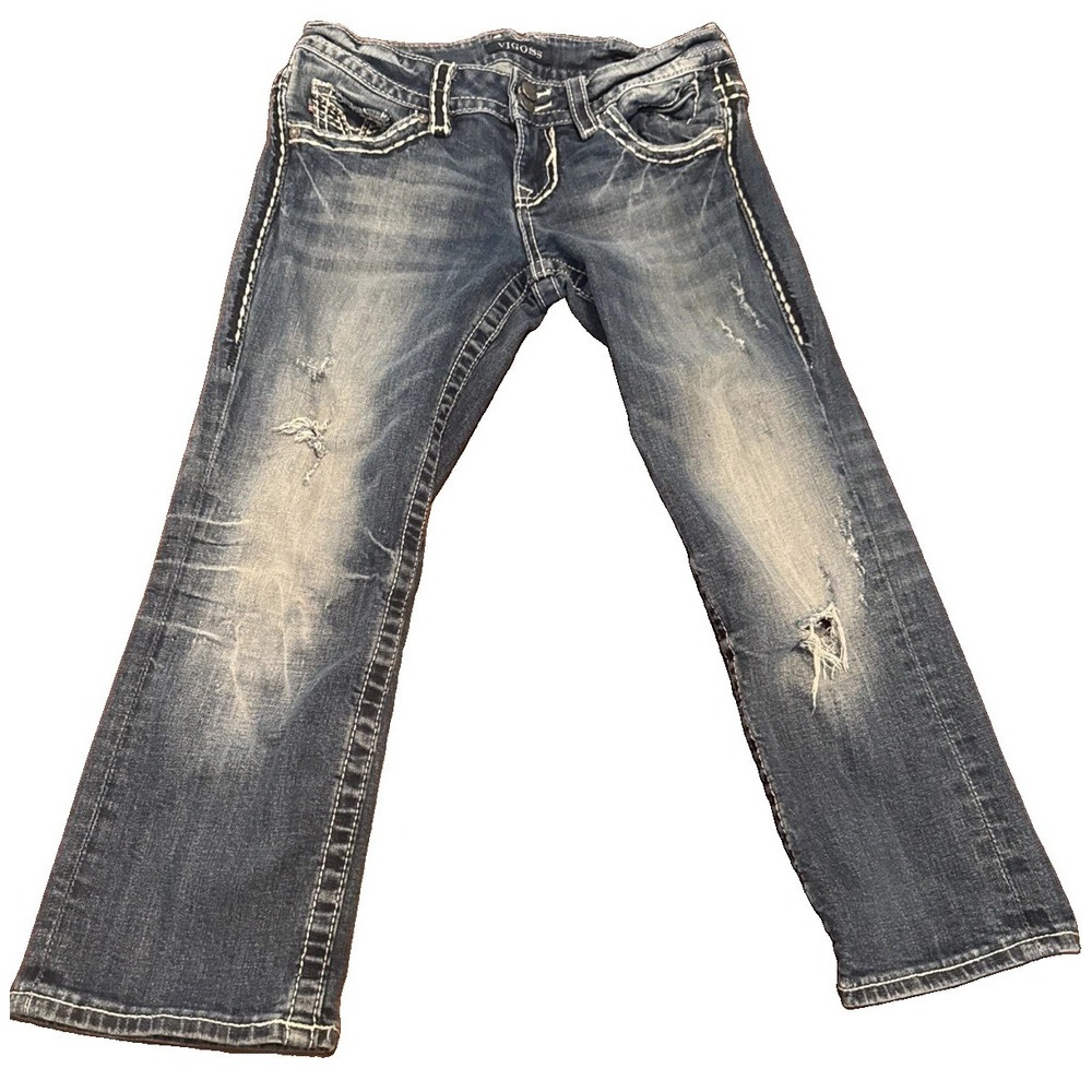 Vigoss The Chelsea Capri Jeans Juniors 1/2 Blue Distressed Thick Stitch Y2K 21